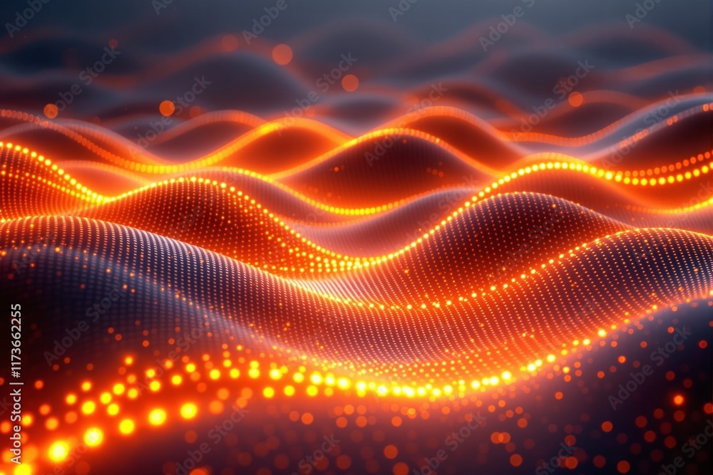Poster Abstract glowing orange wave patterns with a dotted texture on a dark background.