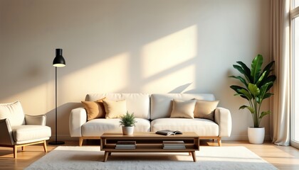 Modern living room design. Cozy beige, white sofa set with warm-toned cushions. Wooden coffee table, side chair. Plant in corner. Sunlight streams in through window. Relaxing, comfortable atmosphere.