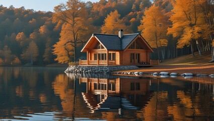 Fototapeta premium Log cabin by the lake in the woods, water reflections in autumn, private lake house holiday.