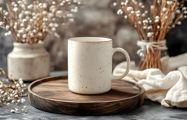 Speckled ceramic mug on wooden tray with dried flowers.  Cozy autumnal still life, perfect for coffee, tea, or hot chocolate advertisement.
