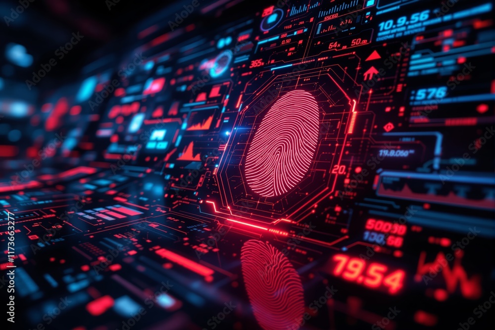 Poster Futuristic digital fingerprint interface with red and blue holographic design on dark background. Ai generative.