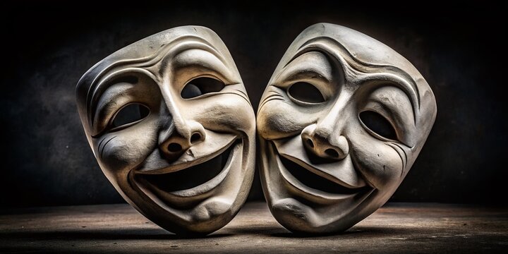 White Theatre Masks: Happy & Sad Faces on Black Background - Urban Exploration Photography