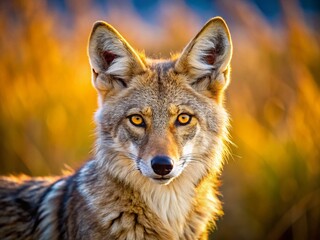 Wild Coyote Portrait: Striking Yellow Eyes & Unique Fur Patterns - Stock Photo