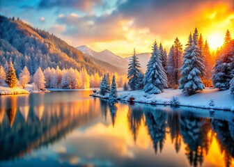 Obraz premium Winter Dawn Mountain Lake: Miniature Tilt-Shift Landscape Photography