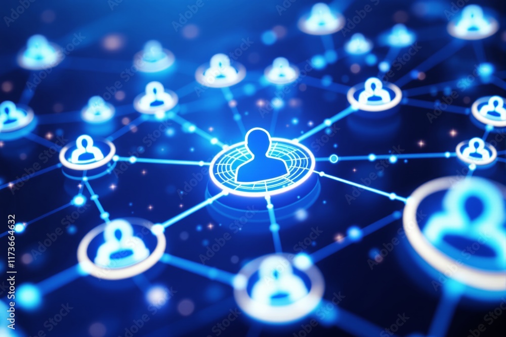 Aufkleber Abstract depiction of a digital network with interconnected user icons on a glowing blue background.
