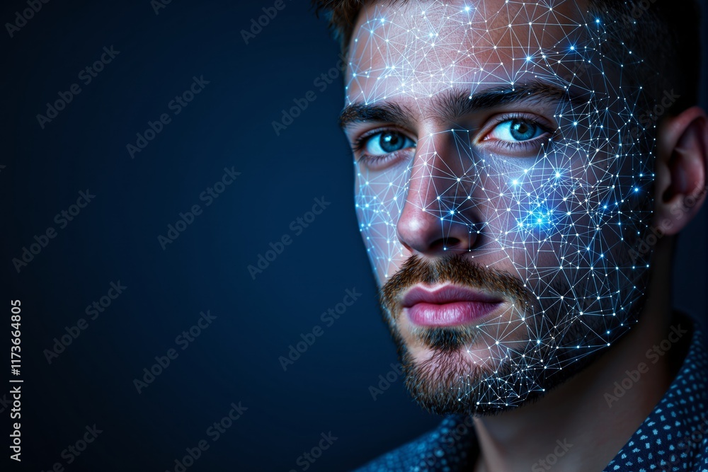 Aufkleber abstract facial recognition concept with blue light dots and lines on a man's face in a dark backgro