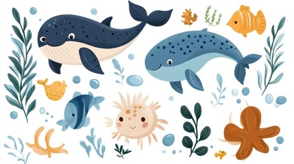 Sea animals clipart with whale, dolphin, crayfish, fish, starfish, seaweed