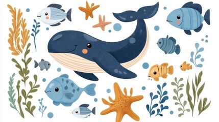 Fototapeta premium Sea animals clipart with whale, dolphin, crayfish, fish, starfish, seaweed