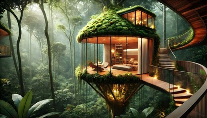 Obraz premium Luxury Treehouse Hotel in Rainforest with Glass Walls and Balcony