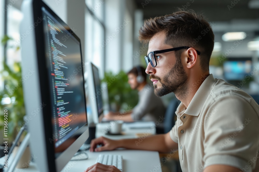 Poster focused programmer working at computer in a modern office with blurred background.
