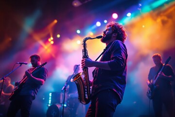 Musicians performing on a vibrant stage with colorful lights in the background.