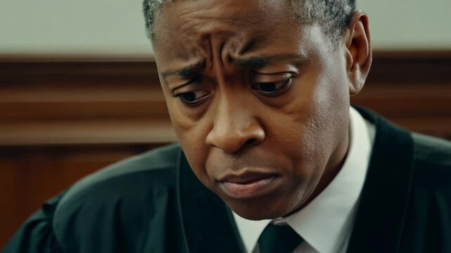 Judge contemplating verdict in courtroom
