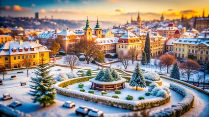 Winter Wonderland: Snowy Prague Gardens, Tilt-Shift Photography