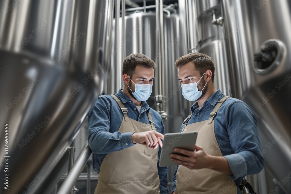 Poster two workers in aprons and face masks discussing data on a tablet in an industrial setting with stain