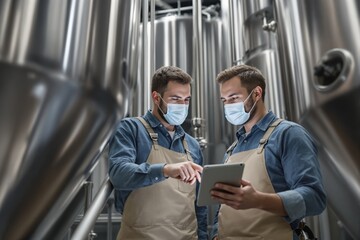 Two workers in aprons and face masks discussing data on a tablet in an industrial setting with stainless steel tanks in the background.