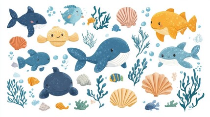 Big set with cute sea animals, shells, corals, seaweed. Kawaii sea life character elements. Cartoon illustration