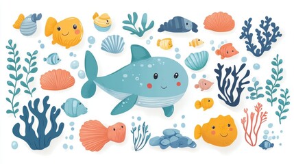 Obraz premium Big set with cute sea animals, shells, corals, seaweed. Kawaii sea life character elements. Cartoon illustration