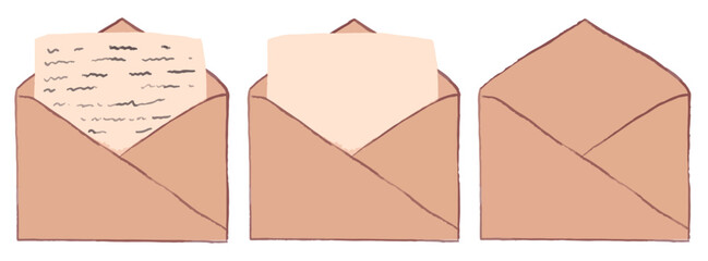 Vector set of craft envelopes in different positions. Open and closed envelope hand-drawn	