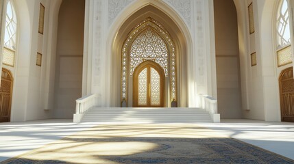 Fototapeta premium Grand mosque interior with ornate doors and arched entryway.