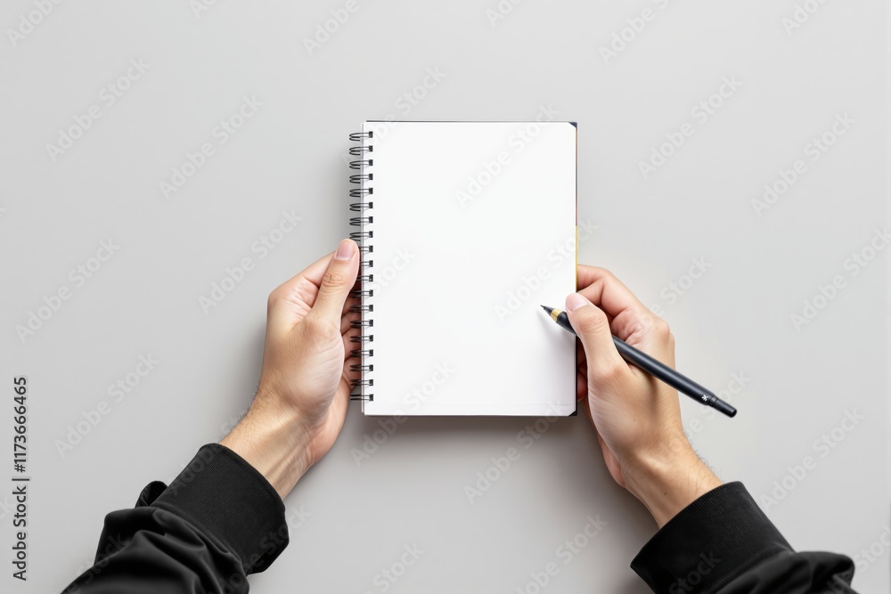 Poster Hands holding spiral notebook with blank pages and pencil on light background.