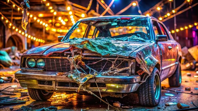 Wrecked Car Demolition Derby Close-up: Crumbled Front End, Selective Focus