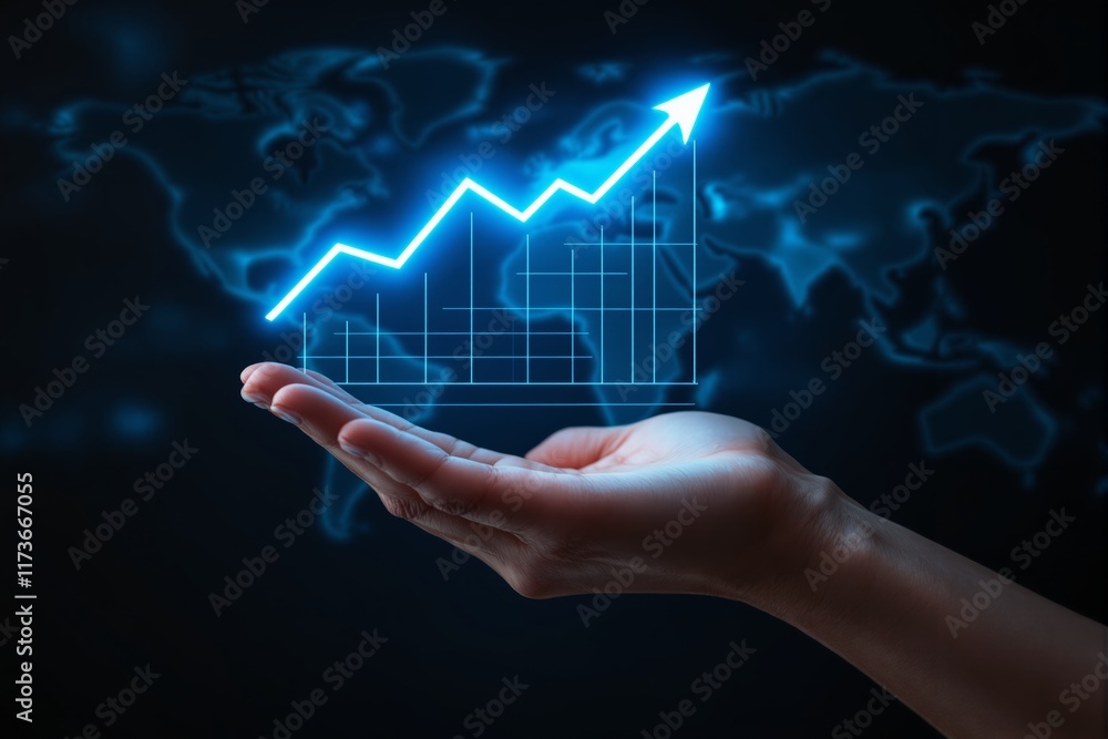 Poster hand holding glowing upward graph with world map in the background, symbolizing growth and innovatio