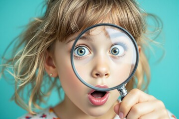 Curious child holding magnifying glass against bright teal background.