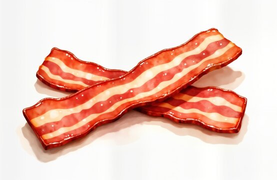 Two slices of bacon shown in detailed watercolor style illustration. Positioned diagonally against plain white background. Bacon slices realistic appearance with noticeable striations, soft shading.