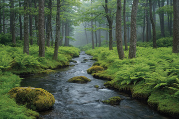 Obraz premium Misty forest stream flowing through ferns, tranquil nature scene for backgrounds