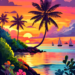 As sun rises over thehorizon on a sunny Miami morning, the panoramic view with the vibrant colors of sunrise casts a warm glow over the sparkling water, creating a breathtaking scene that illustration