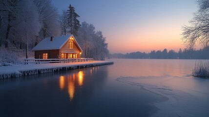 Fototapeta premium Cozy Winter Cabin at Twilight by a Frozen Lake