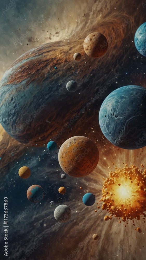 Poster cosmic spectacle: planets orbiting a star, with one planet exploding in a fiery explosion.