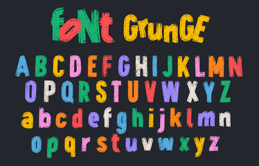 Grunge alphabet with upper and lower case letters. Dirty textured vector font. Hand drawn characters with a rough colored texture. Typographic distressed font with dry brush strokes. Letters vector.