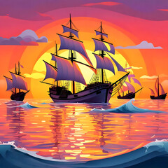  sun rises over the horizon on a sunny Miami morning, with big ships' panoramic view with vibrant colors of sunrise casting a warm glow over sparkling water, creating a breathtaking scene illustration