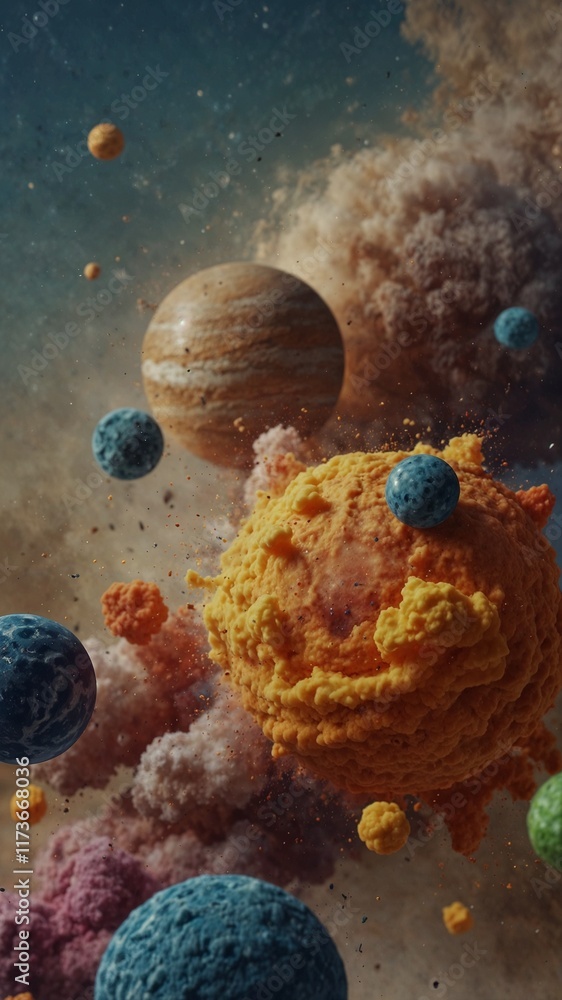 Poster cosmic collision: vibrant planets and nebulae collide in a breathtaking display of color and energy.