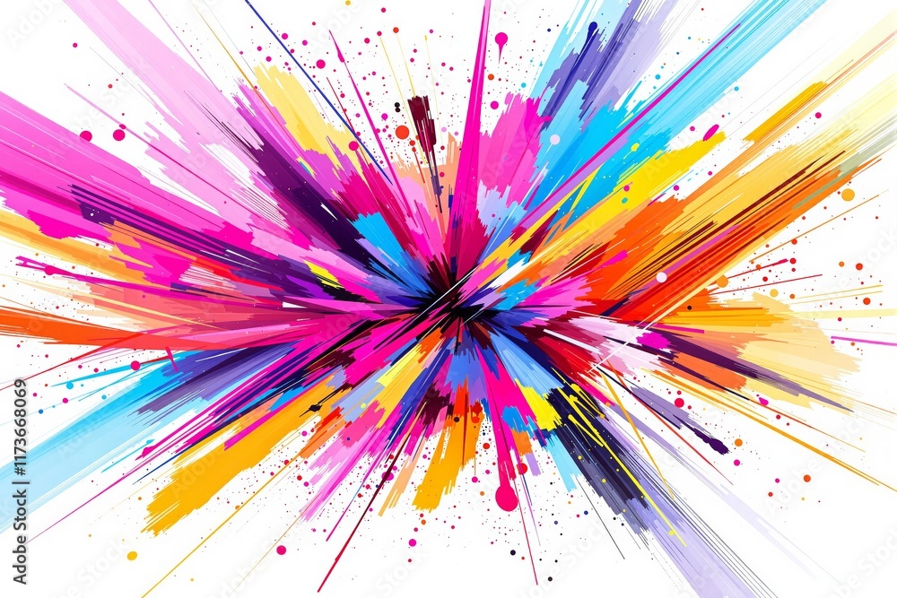 Poster abstract explosion of multicolored paint strokes on white background.