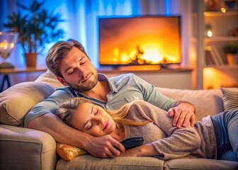 Obraz premium Young Couple Napping on Sofa While Watching TV at Home - Cozy Living Room Scene