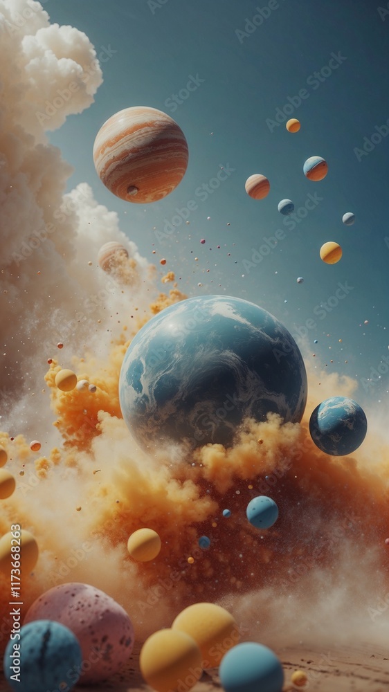 Poster celestial bodies collide in a vibrant cosmic explosion of color and dust. planets and asteroids drif