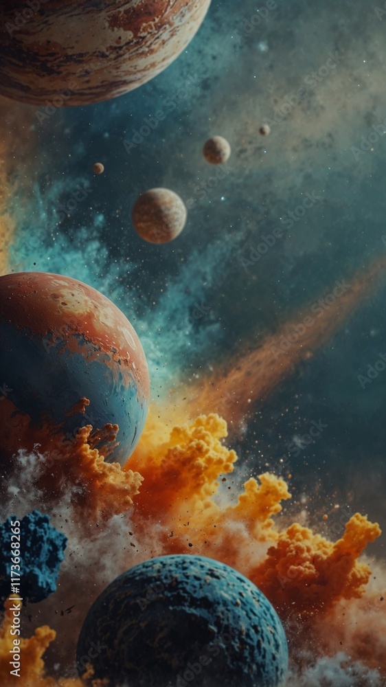 Poster cosmic collision: planets collide in a vibrant nebula, creating a breathtaking spectacle of color an