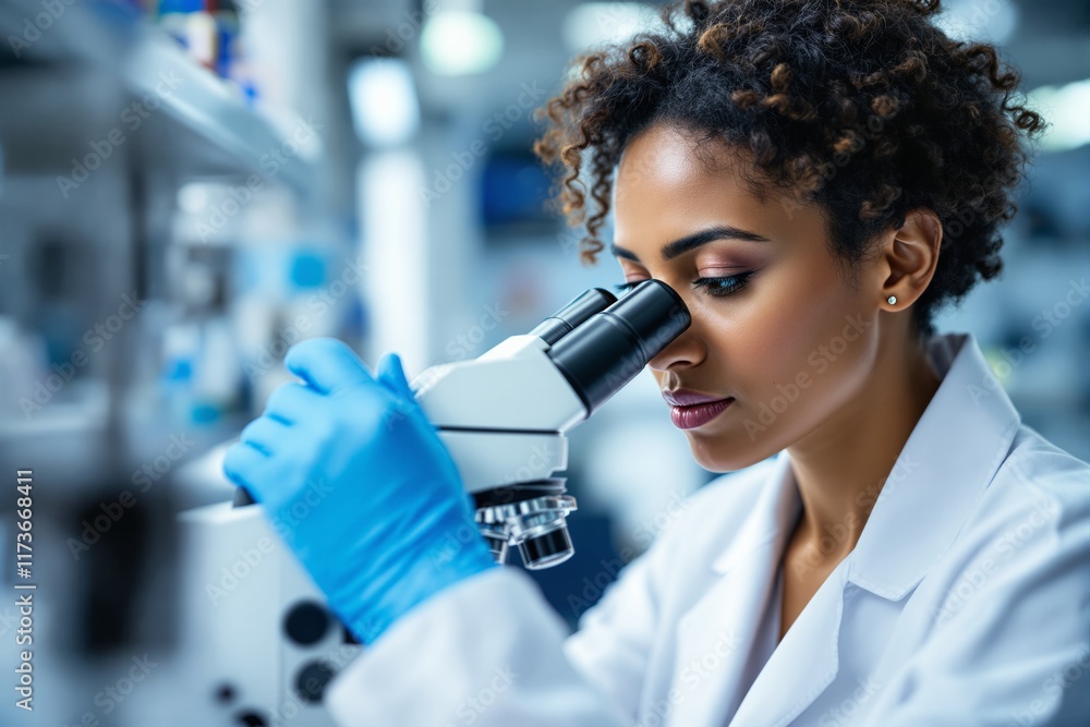 Poster Female scientist examining through microscope in laboratory setting with blurred background.