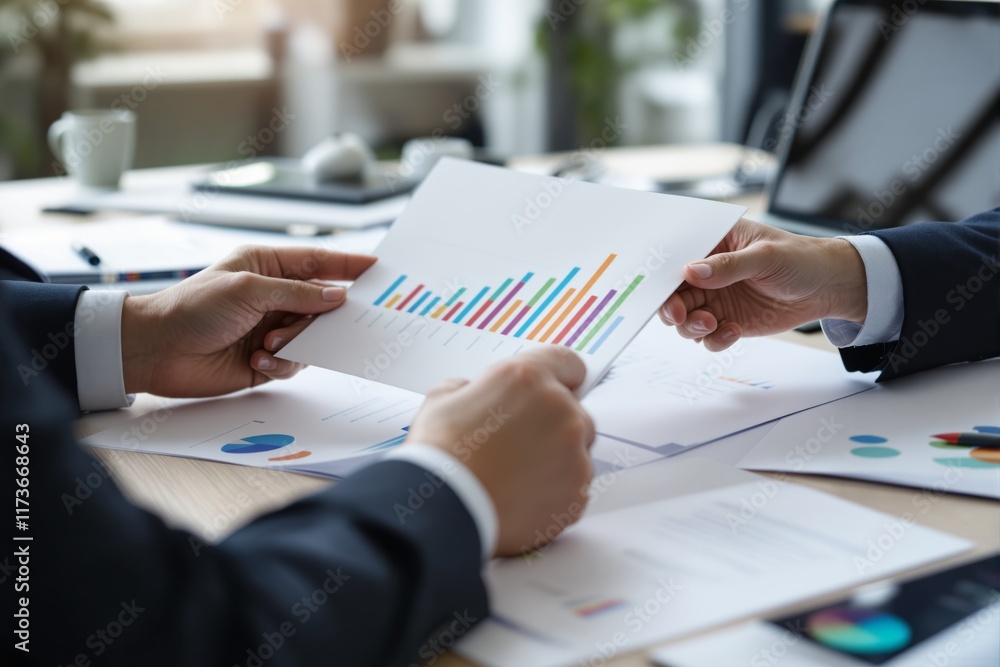 Aufkleber business professionals reviewing colorful graphs and charts in an office setting.