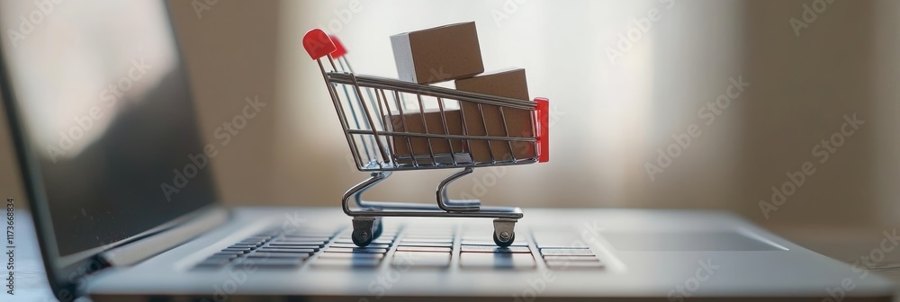 Poster miniature shopping cart with cardboard boxes standing on laptop keyboard is representing online shop
