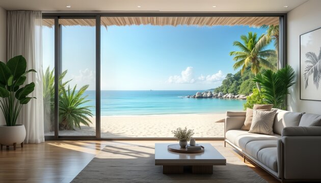 Fototapeta Empty living room boasts panoramic ocean view. Sunlight streams through large windows overlooking sandy beach, turquoise sea. Tropical plants, modern sofa with light beige cushions complement room