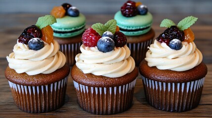 Delicious Gourmet Cupcakes with Berries and Macarons