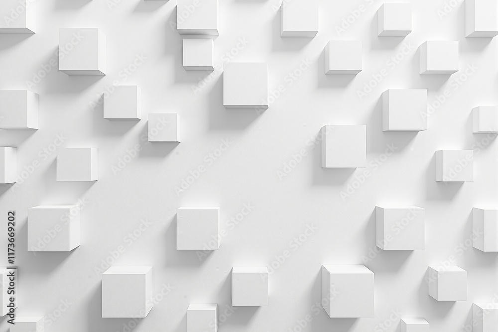 Poster Abstract white 3D cubes composition on textured white background.