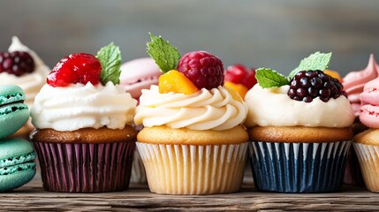 Delicious Fruit Topped Cupcakes and Macarons