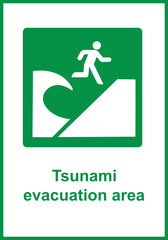 Green sign tsunami evacuation area. Designation the route for moving people to a safe place, located outside the reach waves in case a tsunami threat. Iso 7010.
