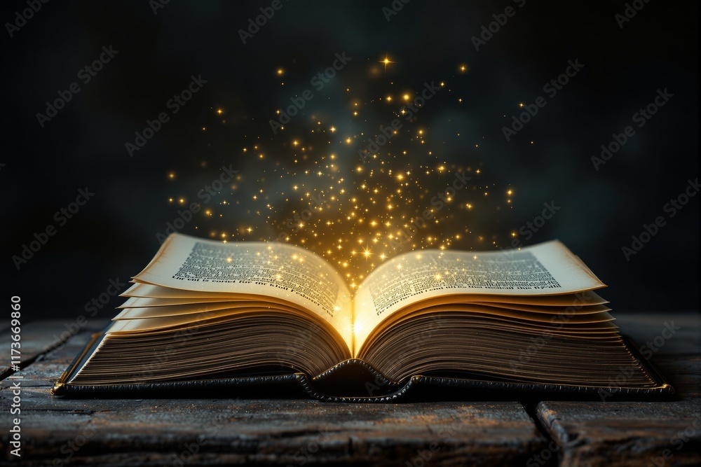 Poster open book with glowing magical light and sparkles emanating from its pages, placed on a wooden table