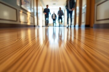 Close-up of polished wooden floor in a hallway with blurred figures walking in the background under bright light.