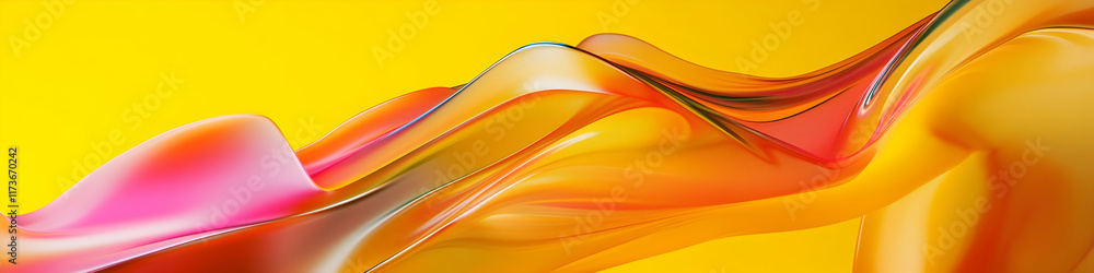 Poster abstract background with colorful waves and shapes, 3d rendering illustration, yellow background